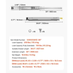 VEVOR Heavy Duty Drawer Slides 36inch, 1 Pair Locking Drawer Slides 250lbs Load Capacity, Side Mount Ball Bearing, 3-Fold Full Extension