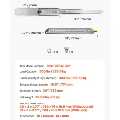 VEVOR Heavy Duty Drawer Slides, 1 Pair 30inch Locking Drawer Slides, 500lbs Load Capacity, Side Mount Ball Bearing Drawer Glides, Full Extension Industrial Locking Rail