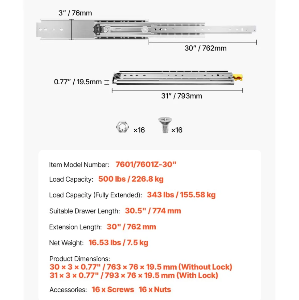 VEVOR Heavy Duty Drawer Slides, 1 Pair 30inch Locking Drawer Slides, 500lbs Load Capacity, Side Mount Ball Bearing Drawer Glides, Full Extension Industrial Locking Rail