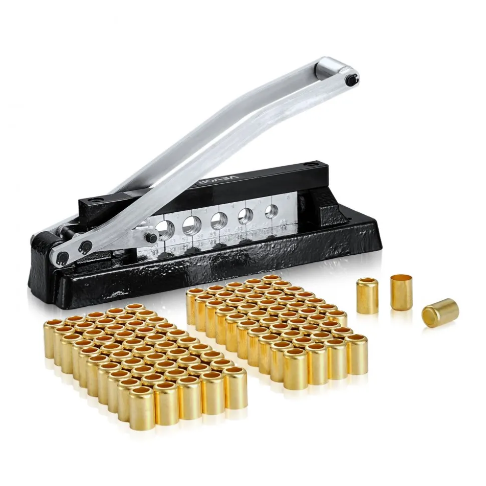 VEVOR Heavy Duty Ferrule Hose Crimper, Standard Bench Hose Crimping Tool with 100pcs Ferrules (0.593" & 0.625" ID), 0.44"-0.63" Crimping Range for PVC, Rubber & Air Hoses, Torch Hoses Repair Kit