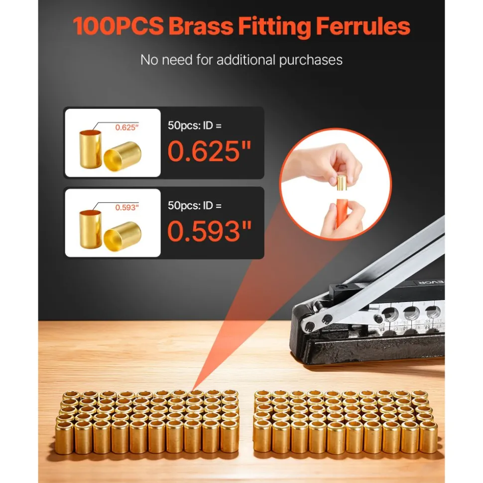 VEVOR Heavy Duty Ferrule Hose Crimper, Standard Bench Hose Crimping Tool with 100pcs Ferrules (0.593" & 0.625" ID), 0.44"-0.63" Crimping Range for PVC, Rubber & Air Hoses, Torch Hoses Repair Kit