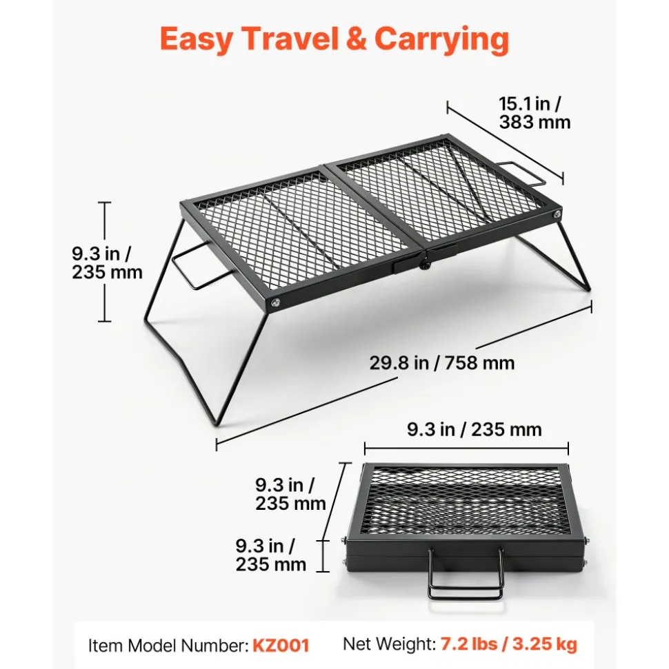 VEVOR Heavy Duty Folding Campfire Grill, 24" Portable Camping Grill Grate, Sturdy Steel Mesh, Compact Equipment Over Fire Pit, with Legs and Handle, Grilling Rack for Outdoor Open Flame Cooking, Black