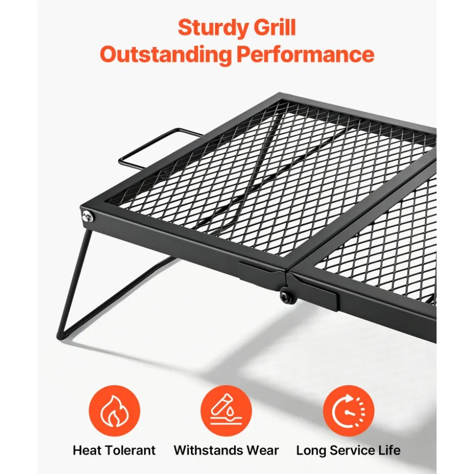 VEVOR Heavy Duty Folding Campfire Grill, 24" Portable Camping Grill Grate, Sturdy Steel Mesh, Compact Equipment Over Fire Pit, with Legs and Handle, Grilling Rack for Outdoor Open Flame Cooking, Black