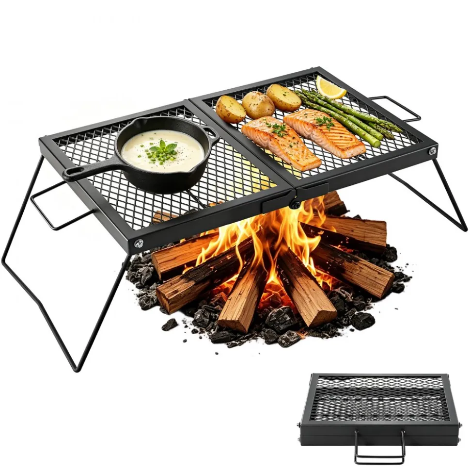 VEVOR Heavy Duty Folding Campfire Grill, 24" Portable Camping Grill Grate, Sturdy Steel Mesh, Compact Equipment Over Fire Pit, with Legs and Handle, Grilling Rack for Outdoor Open Flame Cooking, Black
