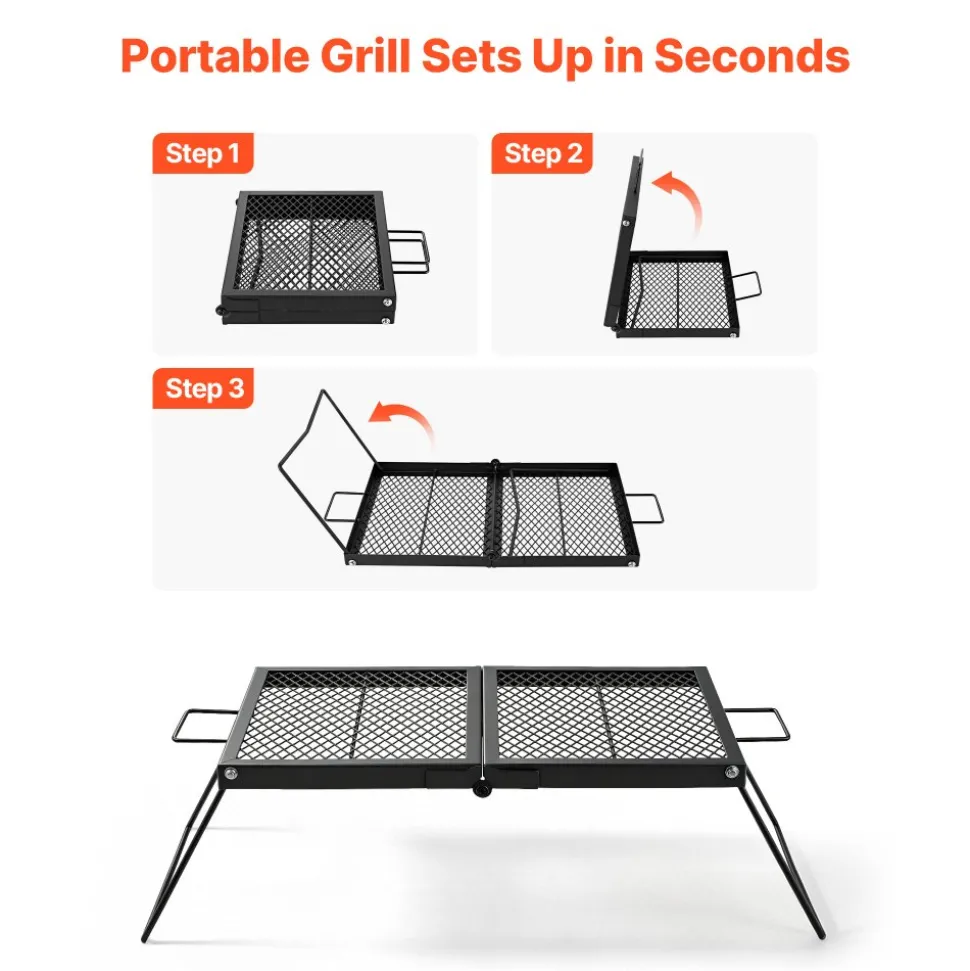 VEVOR Heavy Duty Folding Campfire Grill, 24" Portable Camping Grill Grate, Sturdy Steel Mesh, Compact Equipment Over Fire Pit, with Legs and Handle, Grilling Rack for Outdoor Open Flame Cooking, Black