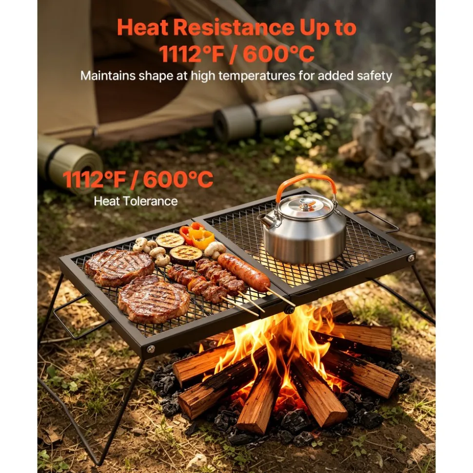 VEVOR Heavy Duty Folding Campfire Grill, 24" Portable Camping Grill Grate, Sturdy Steel Mesh, Compact Equipment Over Fire Pit, with Legs and Handle, Grilling Rack for Outdoor Open Flame Cooking, Black