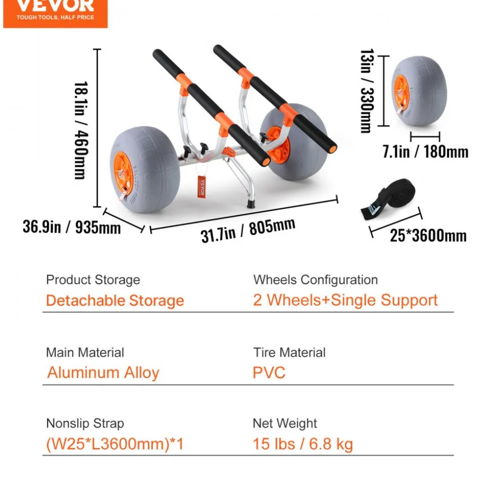 VEVOR Heavy Duty Kayak Cart, Foldable Canoe Trolley Cart with 12'' Tires, Adjustable Width 6.69"-17.32",350 Lb Weight Capacity Kayak Trolley for Kayaks Canoes Paddleboards Float Mats Jon Boats