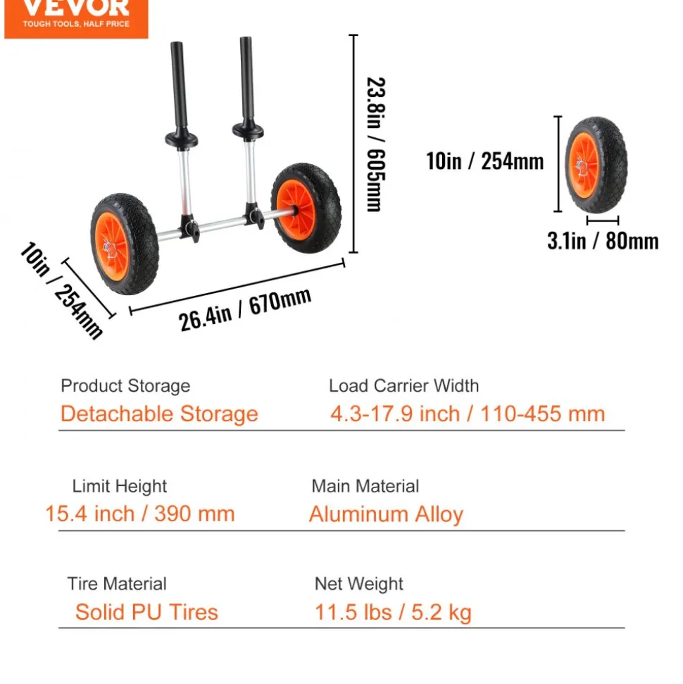 VEVOR Heavy Duty Kayak Cart, 280lbs Load Capacity, Detachable Canoe Trolley Cart with 10'' Solid Tires, Adjustable Width & Top Foam Protection, for Kayaks with Drain Holes of 2.54 cm and Above