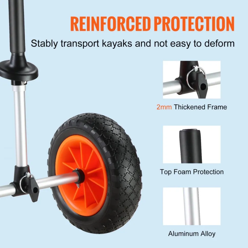 VEVOR Heavy Duty Kayak Cart, 280lbs Load Capacity, Detachable Canoe Trolley Cart with 10'' Solid Tires, Adjustable Width & Top Foam Protection, for Kayaks with Drain Holes of 2.54 cm and Above