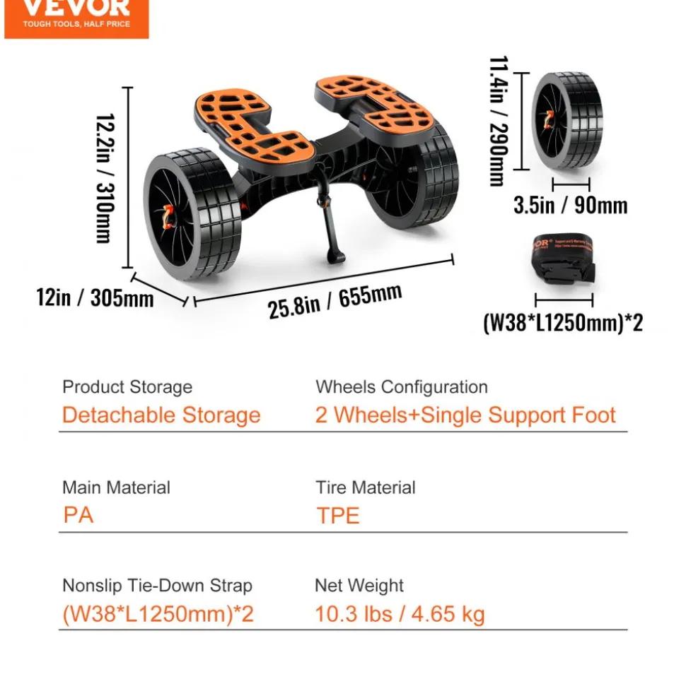 VEVOR Heavy Duty Kayak Cart, 320lbs Load Capacity, Detachable Canoe Trolley Cart with 10'' Solid Tires, Adjustable Brackets & Nonslip Support Foot, for Kayaks Canoes Paddleboards Float Mats Jon Boats