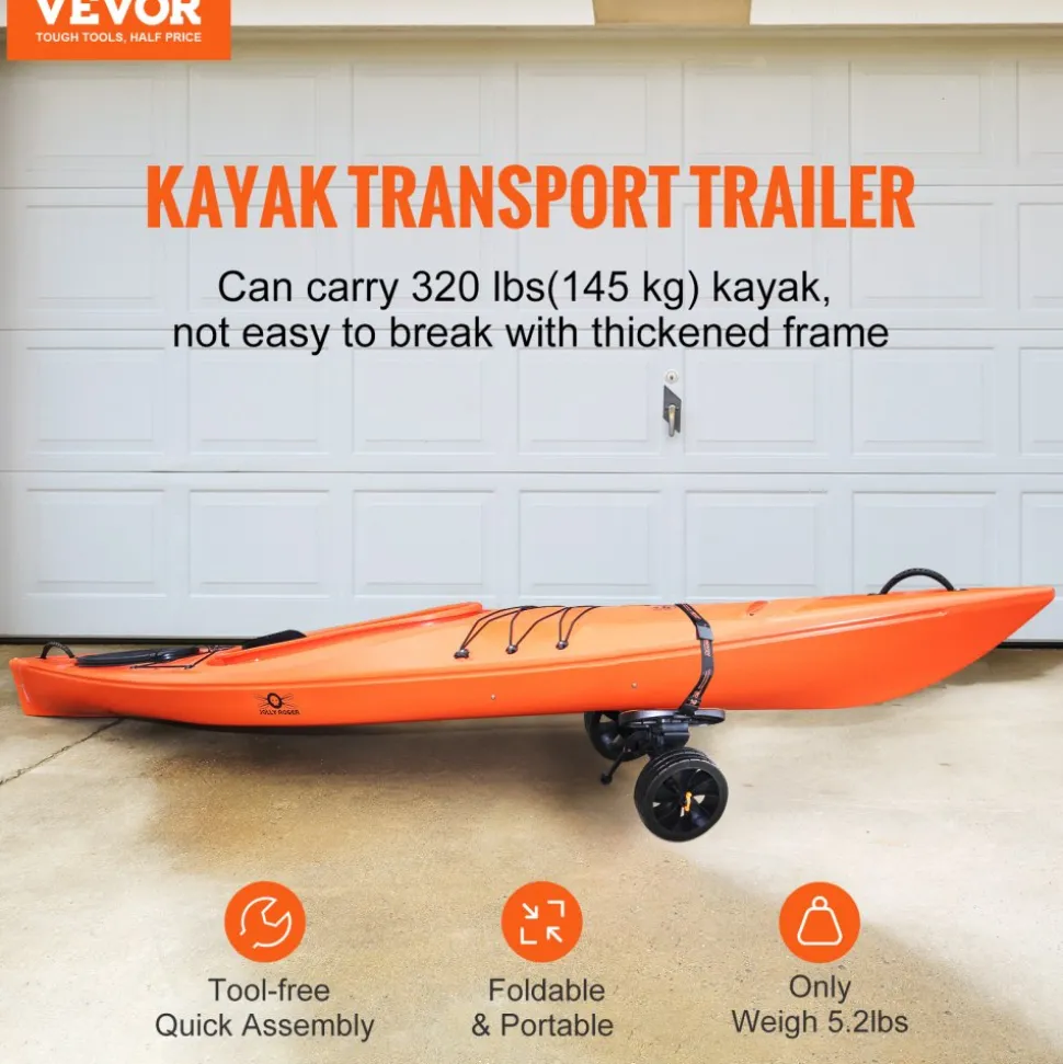 VEVOR Heavy Duty Kayak Cart, 320lbs Load Capacity, Detachable Canoe Trolley Cart with 10'' Solid Tires, Adjustable Brackets & Nonslip Support Foot, for Kayaks Canoes Paddleboards Float Mats Jon Boats