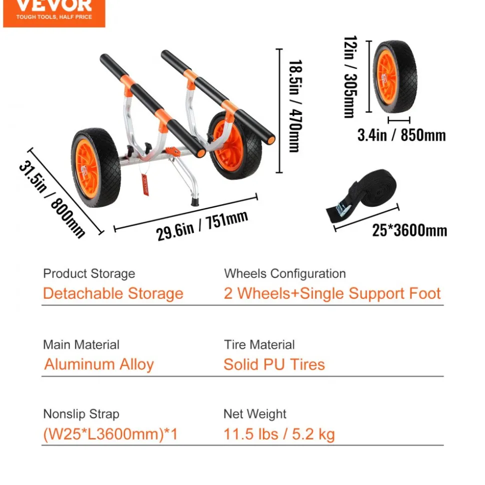 VEVOR Heavy Duty Kayak Cart, 450lbs Load Capacity, Detachable Canoe Trolley Cart with 12'' Solid Tires, Adjustable Width & Nonslip Support Foot, for Kayaks Canoes Paddleboards Float Mats Jon Boats