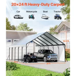 VEVOR Heavy Duty Metal Carport, 20 x 24 ft Outdoor Carport with Sturdy Frame & Roof, Car Garage Shade with Removable Sidewalls, Multi-Use Car Shelter for Pickup, Boat, Trucks & Tractors