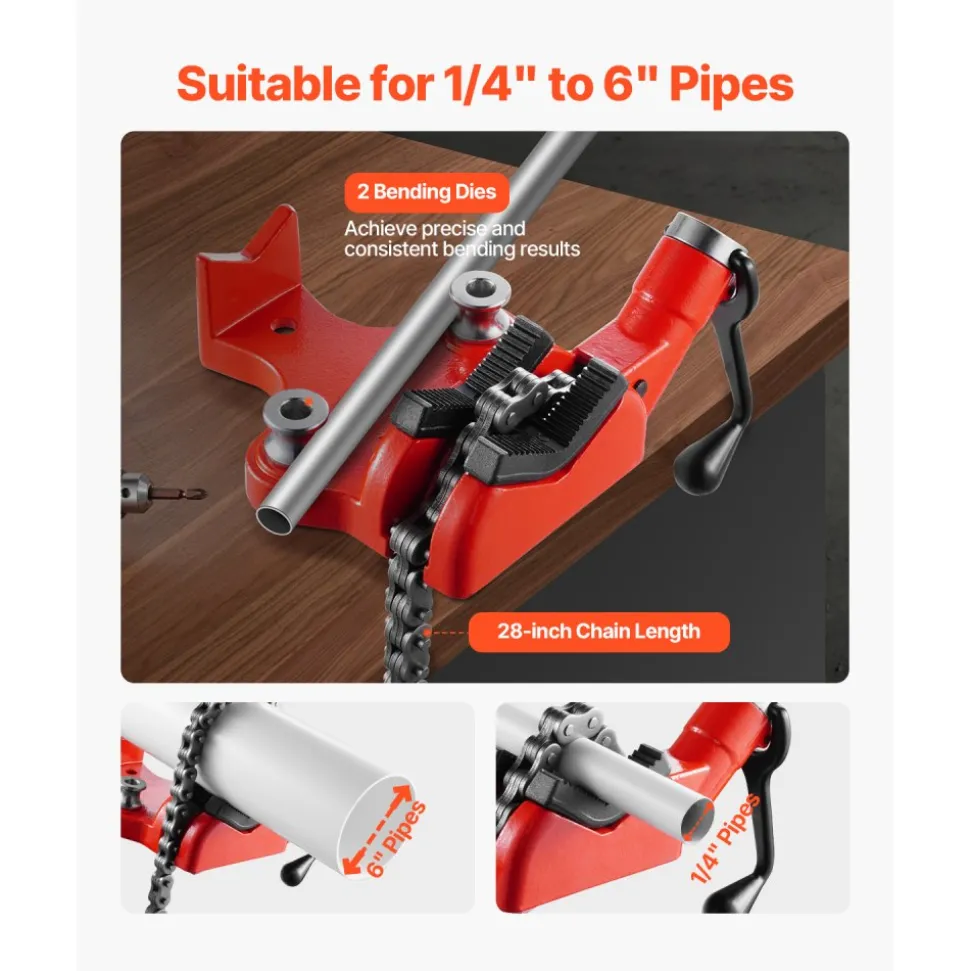 VEVOR Heavy-Duty Pipe Chain Vise, 1/4" - 6" Pipe Capacity, 28" Rugged Chain & Cast Iron Base, Industrial-Grade Pipe Clamping for Plumbing, Automotive Repairs, Metalworking