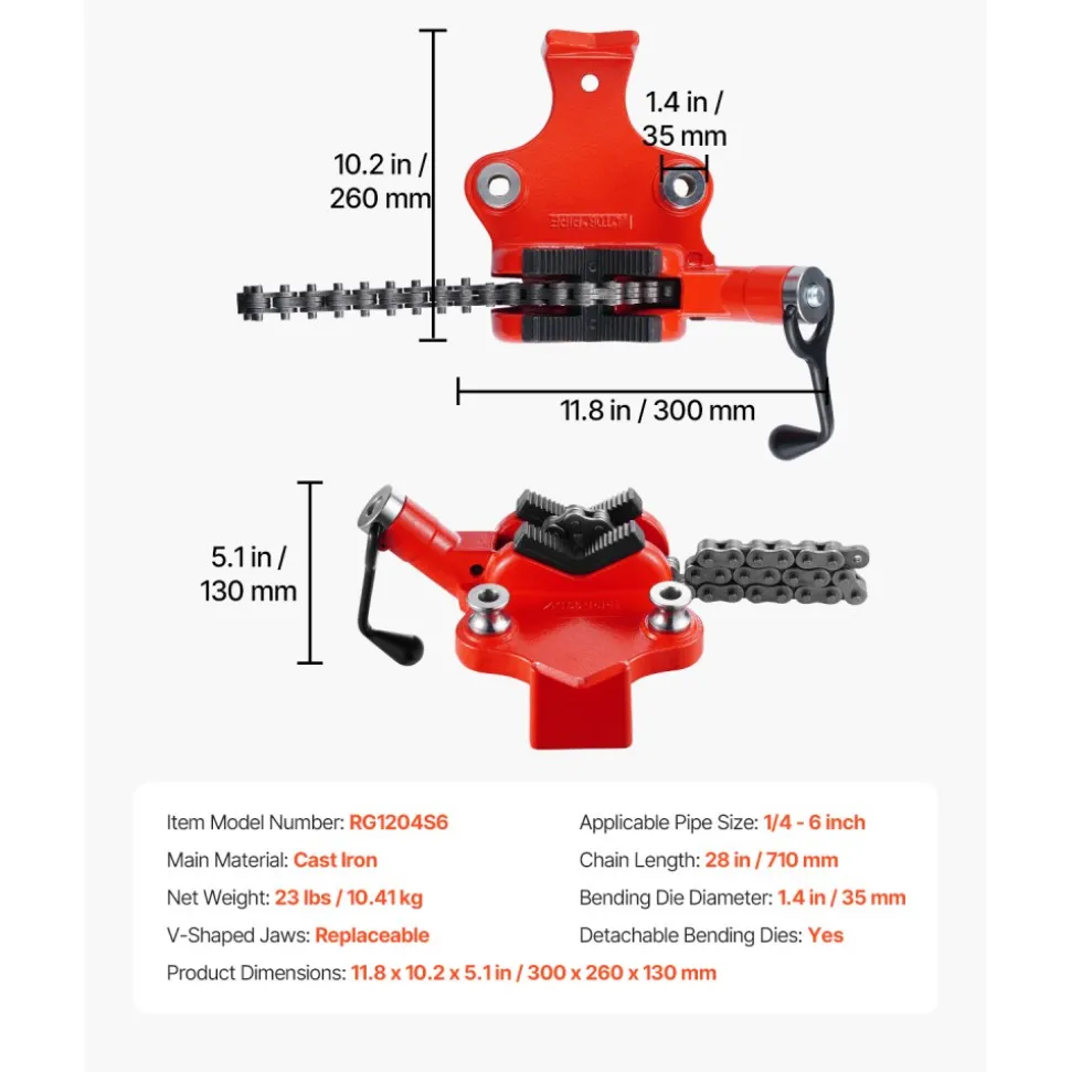 VEVOR Heavy-Duty Pipe Chain Vise, 1/4" - 6" Pipe Capacity, 28" Rugged Chain & Cast Iron Base, Industrial-Grade Pipe Clamping for Plumbing, Automotive Repairs, Metalworking