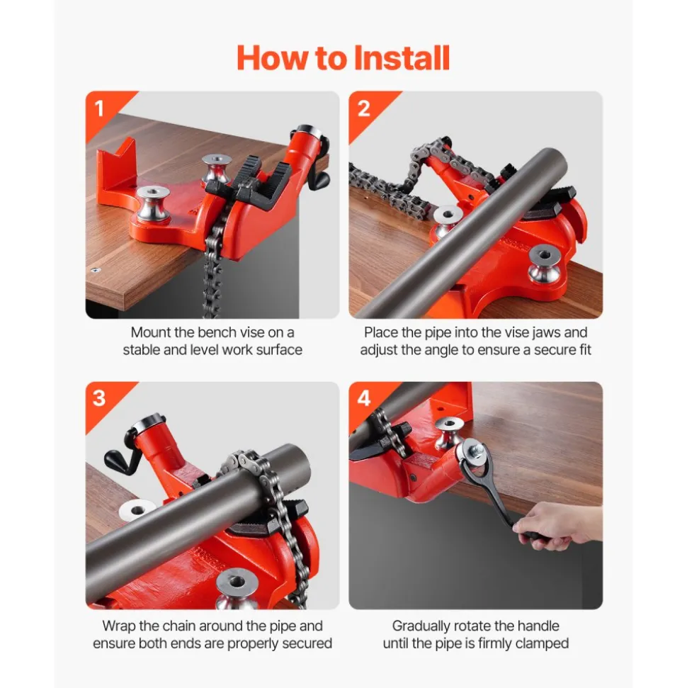 VEVOR Heavy-Duty Pipe Chain Vise, 1/2" - 8" Pipe Capacity, 34.6" Rugged Chain & Cast Iron Base, Industrial-Grade Pipe Clamping for Plumbing, Automotive Repairs, Metalworking