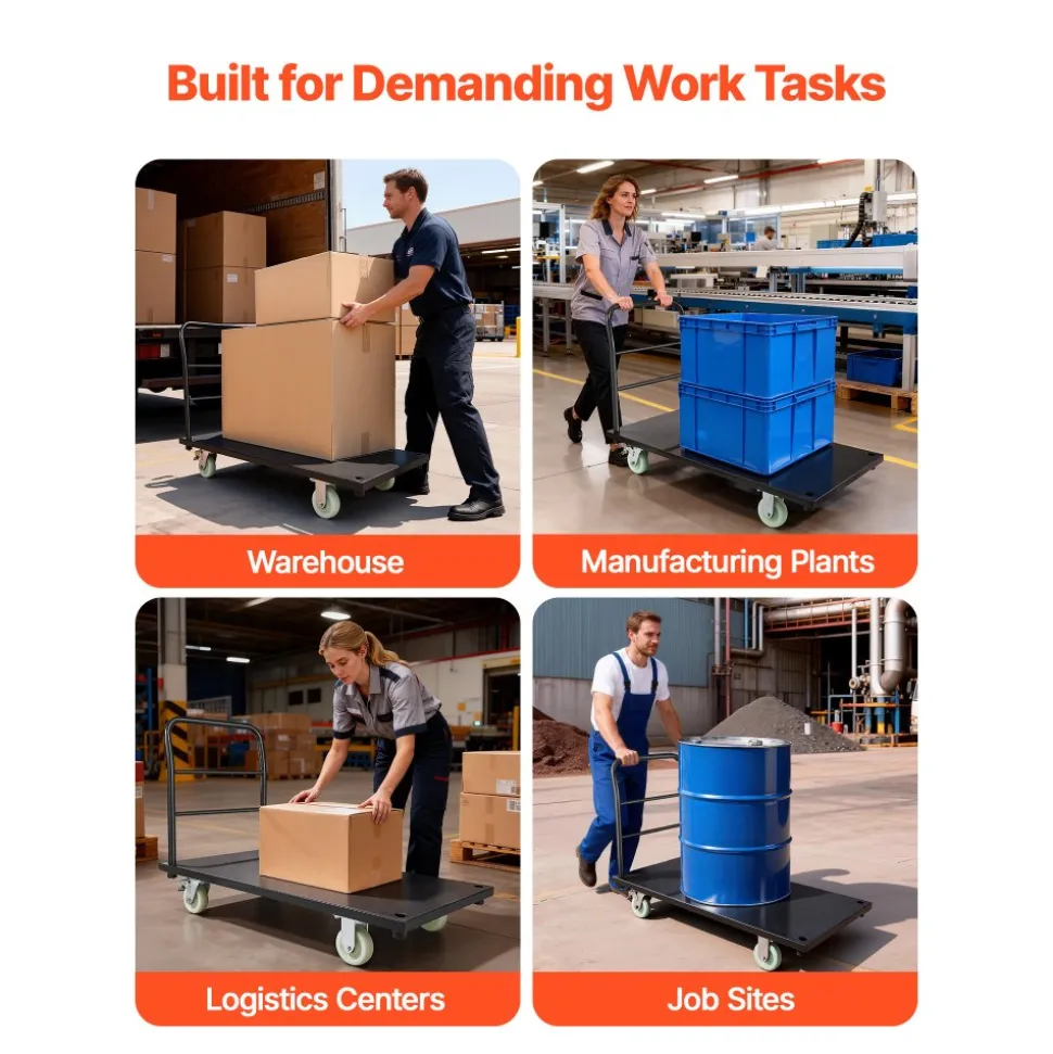 VEVOR Heavy Duty Platform Truck, 2000 lbs Capacity, Industrial Steel Flatbed Cart with Swivel Wheels and Handle, Platform Hand Push Truck Dolly, Easy Storage, for Luggage Moving, 48 x 24 x 32.1 in