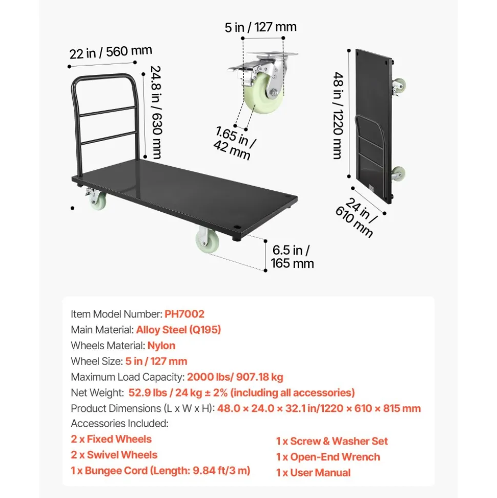 VEVOR Heavy Duty Platform Truck, 2000 lbs Capacity, Industrial Steel Flatbed Cart with Swivel Wheels and Handle, Platform Hand Push Truck Dolly, Easy Storage, for Luggage Moving, 48 x 24 x 32.1 in