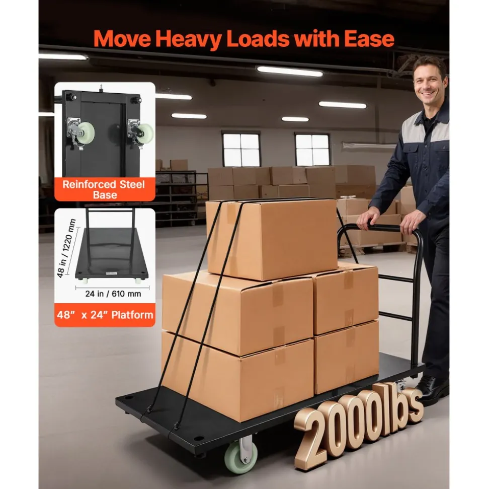 VEVOR Heavy Duty Platform Truck, 2000 lbs Capacity, Industrial Steel Flatbed Cart with Swivel Wheels and Handle, Platform Hand Push Truck Dolly, Easy Storage, for Luggage Moving, 48 x 24 x 32.1 in