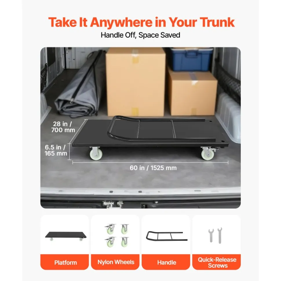 VEVOR Heavy Duty Platform Truck, 2000 lbs Capacity, Industrial Steel Flatbed Cart with Swivel Wheels and Handle, Platform Hand Push Truck Dolly, Easy Storage, for Luggage Moving, 60 x 27.6 x 42.9 in