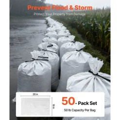 VEVOR Heavy Duty Sand Bags, 50Pack 16" x 26", Empty Sandbags for Flooding with Tie Strings, Woven Polypropylene Sand Bag with 1600 Hours of UV Protection, 50Lbs Capacity
