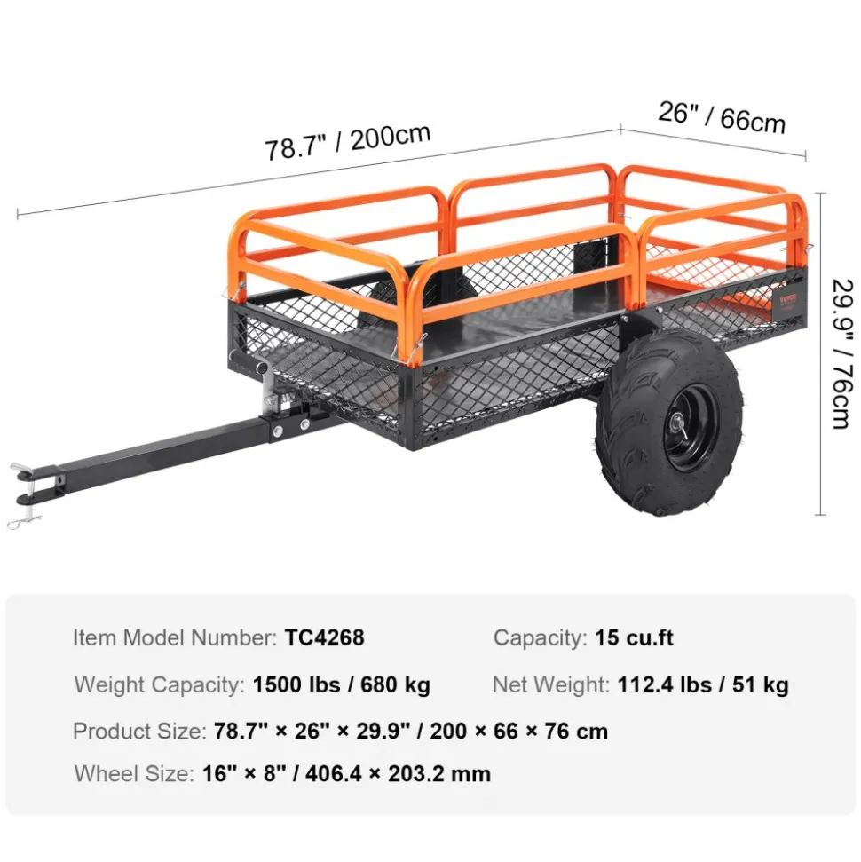 VEVOR Heavy Duty Steel ATV Dump Trailer, 1500-Pound Load Capacity 15 Cubic Feet, Tow Behind Dump Cart Garden Trailer, with Removable Sides and 2 Tires, for Mowers, Tractors, ATV, UTV