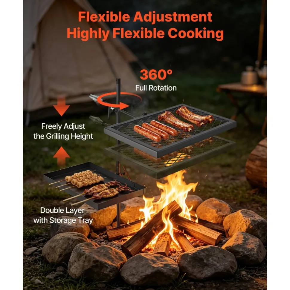 VEVOR Heavy Duty Swivel Campfire Grill, 16" Portable Camping Grill Grate, Sturdy Steel BBQ Mesh, 360° Height Adjustable Over Fire Pit Equipment with Carrying Bag, for Outdoor Open Flame Cooking, Black