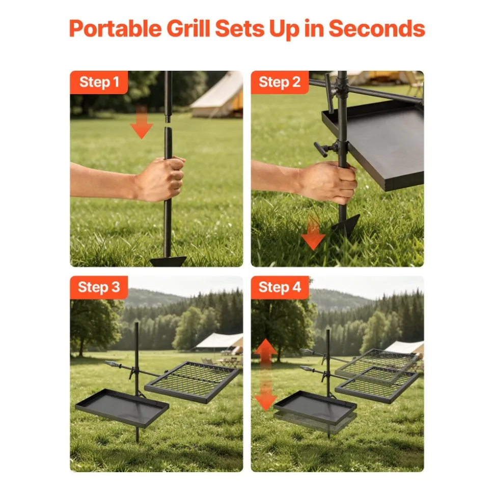 VEVOR Heavy Duty Swivel Campfire Grill, 16" Portable Camping Grill Grate, Sturdy Steel BBQ Mesh, 360° Height Adjustable Over Fire Pit Equipment with Carrying Bag, for Outdoor Open Flame Cooking, Black