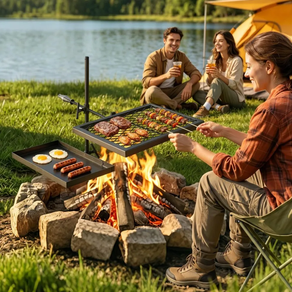 VEVOR Heavy Duty Swivel Campfire Grill, 16" Portable Camping Grill Grate, Sturdy Steel BBQ Mesh, 360° Height Adjustable Over Fire Pit Equipment with Carrying Bag, for Outdoor Open Flame Cooking, Black