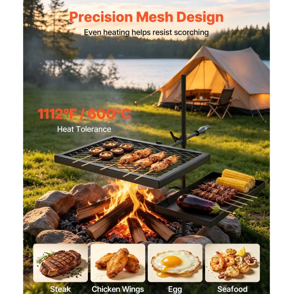 VEVOR Heavy Duty Swivel Campfire Grill, 16" Portable Camping Grill Grate, Sturdy Steel BBQ Mesh, 360° Height Adjustable Over Fire Pit Equipment with Carrying Bag, for Outdoor Open Flame Cooking, Black