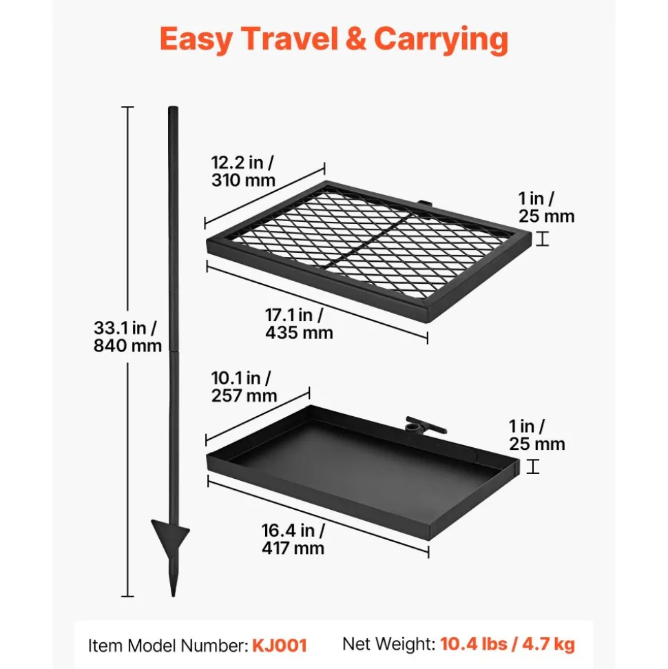 VEVOR Heavy Duty Swivel Campfire Grill, 16" Portable Camping Grill Grate, Sturdy Steel BBQ Mesh, 360° Height Adjustable Over Fire Pit Equipment with Carrying Bag, for Outdoor Open Flame Cooking, Black