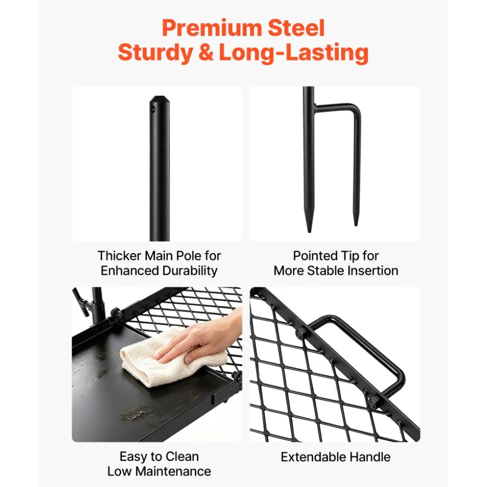 VEVOR Heavy Duty Swivel Campfire Grill, 24" Portable Camping Grill Grate & Griddle, Sturdy Steel BBQ Mesh, 360° Height Adjustable Over Fire Pit Equipment, for Outdoor Open Flame Cooking, Black
