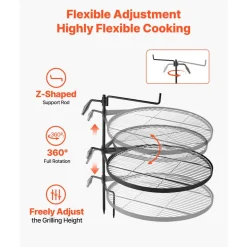 VEVOR Heavy Duty Swivel Campfire Grill, 24.4" Round Portable Camping Grill Grate, Sturdy Steel BBQ Mesh, 360° Height Adjustable Over Fire Pit with Support Rod, for Outdoor Open Flame Cooking, Black