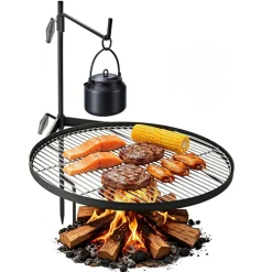 VEVOR Heavy Duty Swivel Campfire Grill, 24.4" Round Portable Camping Grill Grate, Sturdy Steel BBQ Mesh, 360° Height Adjustable Over Fire Pit with Support Rod, for Outdoor Open Flame Cooking, Black