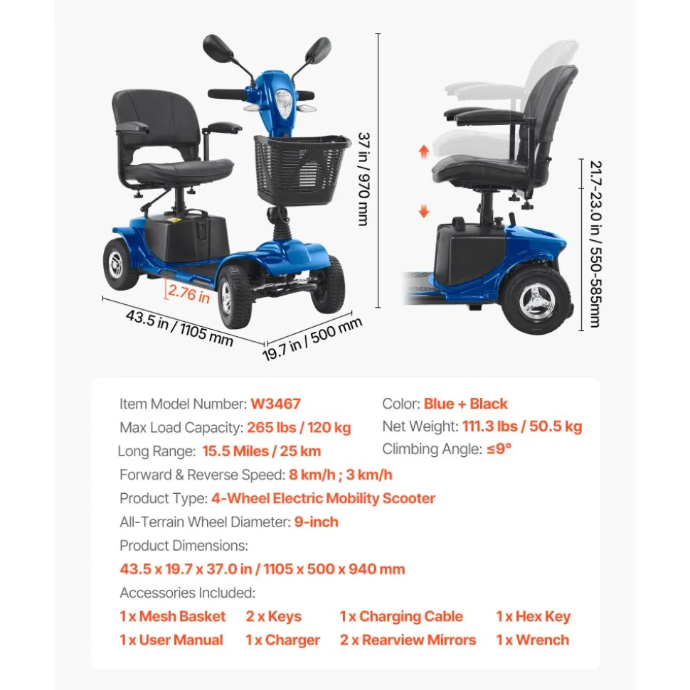 VEVOR Heavy-Duty 4 Wheel Mobility Scooter for Adults & Seniors - Folding Electric Powered Mobility Scooter & 12 Mile Long Range, Travel Scooter with 9° Climbing Capacity, 265lb Capacity