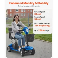 VEVOR Heavy-Duty 4 Wheel Mobility Scooter for Adults & Seniors - Folding Electric Powered Mobility Scooter & 12 Mile Long Range, Travel Scooter with 9° Climbing Capacity, 265lb Capacity