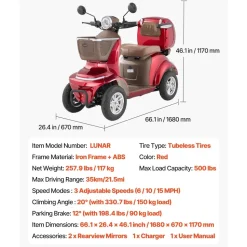 VEVOR Heavy Duty 4-Wheel Mobility Scooters for Seniors & Adults, 500lbs Capacity, 21.5 Miles 3-Speed Long Range, 1000W All Terrain Electric Recreational Scooter Wheelchair, 20° Max Climbing Capacity