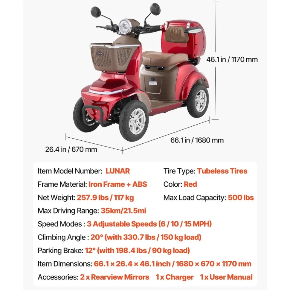 VEVOR Heavy Duty 4-Wheel Mobility Scooters for Seniors & Adults, 500lbs Capacity, 21.5 Miles 3-Speed Long Range, 1000W All Terrain Electric Recreational Scooter Wheelchair, 20° Max Climbing Capacity