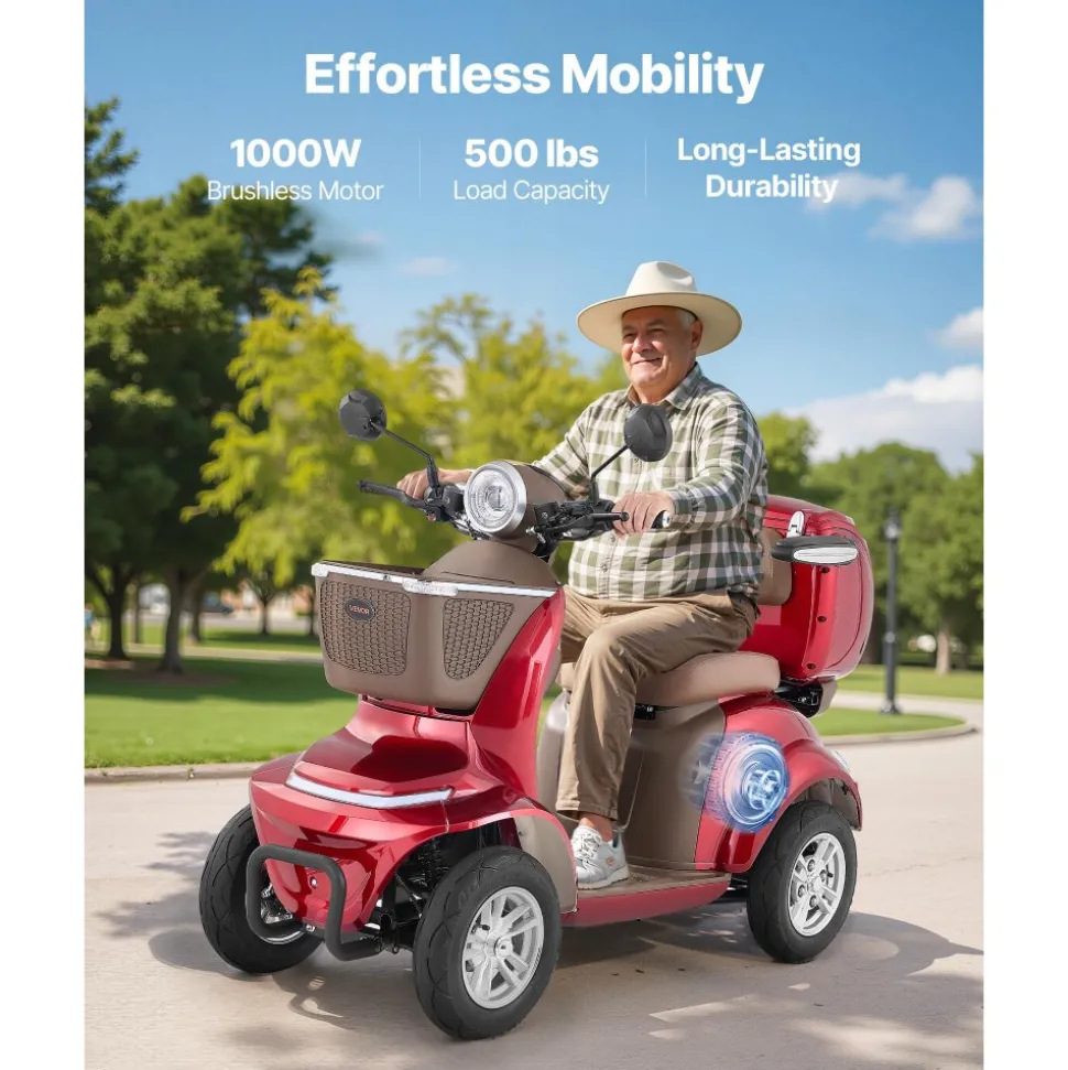 VEVOR Heavy Duty 4-Wheel Mobility Scooters for Seniors & Adults, 500lbs Capacity, 21.5 Miles 3-Speed Long Range, 1000W All Terrain Electric Recreational Scooter Wheelchair, 20° Max Climbing Capacity