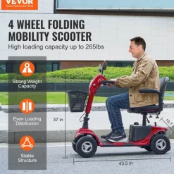 VEVOR Heavy-Duty 4 Wheel Mobility Scooter for Adults & Seniors - Folding Electric Powered Mobility Scooter & 12 Mile Long Range, All Terrain Travel Scooter with 9° Climbing Capacity, 265lb Capacity