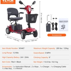 VEVOR Heavy-Duty 4 Wheel Mobility Scooter for Adults & Seniors - Folding Electric Powered Mobility Scooter & 12 Mile Long Range, All Terrain Travel Scooter with 9° Climbing Capacity, 265lb Capacity
