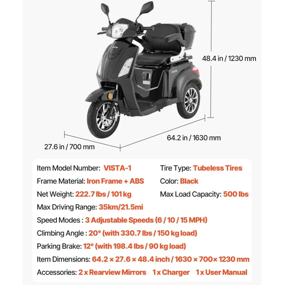 VEVOR Heavy Duty 3-Wheel Mobility Scooters for Seniors & Adults, 500lbs Capacity, 21.5 Miles 3-Speed Long Range, 1000W All Terrain Electric Recreational Scooter Wheelchair, 20° Max Climbing Capacity