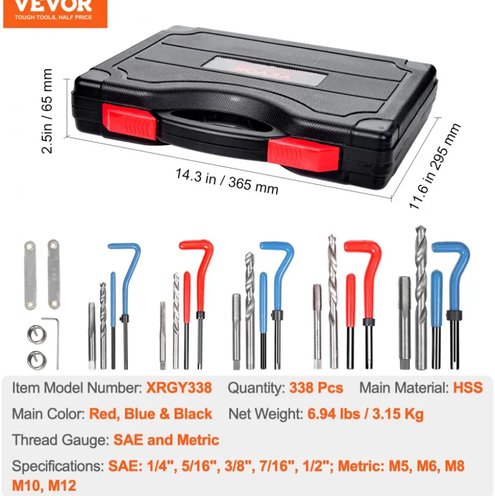 VEVOR Helicoil Thread Repair Kit, 338-Piece SAE and Metric Rethreading Tool Kit, M5, M6, M8, M10, M12, 1/4", 5/16", 3/8", 7/16", 1/2", HSS Drill Bits Thread Inserts Taps Breakoff Installation Tools