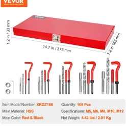 VEVOR Helicoil Thread Repair Kit, 166-Piece Metric HSS Drill Helicoil Repair Kit, M5 M6 M8 M10 M12 Heli Coil Rethreading Tool Kit with HSS Drill Bits Thread Inserts Taps Breakoff Installation Tools