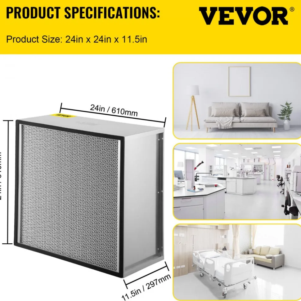 VEVOR HEPA Replacement Filter, 24''x24''x11.5'' AC Filter, True HEPA Pleated Air Filter, Air Filter Replacement with Galvanized Frame, 99.97% Standard Filter Compatible for HEPA Filter Novair 20