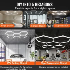 VEVOR Hexagon Garage Lights, 26400LM, 6500K 5 Grid Systems Honeycomb Hexagonal Garage LED Lights, DIY Cool White Car Detailing Garage Ceiling Lighting Bright Shop Light for Gym Basement Workshop