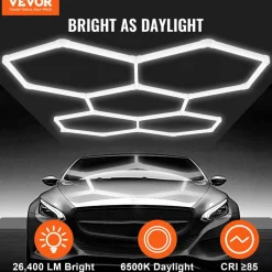 VEVOR Hexagon Garage Lights, 26400LM, 6500K 5 Grid Systems Honeycomb Hexagonal Garage LED Lights, DIY Cool White Car Detailing Garage Ceiling Lighting Bright Shop Light for Gym Basement Workshop