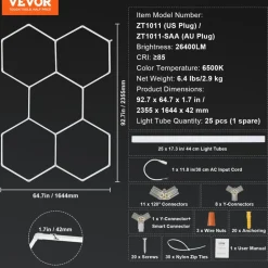 VEVOR Hexagon Garage Lights, 26400LM, 6500K 5 Grid Systems Honeycomb Hexagonal Garage LED Lights, DIY Cool White Car Detailing Garage Ceiling Lighting Bright Shop Light for Gym Basement Workshop
