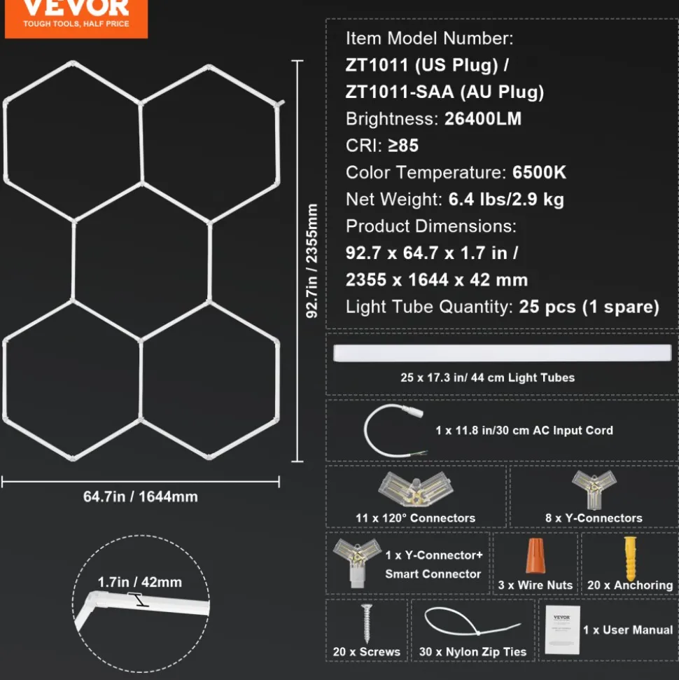 VEVOR Hexagon Garage Lights, 26400LM, 6500K 5 Grid Systems Honeycomb Hexagonal Garage LED Lights, DIY Cool White Car Detailing Garage Ceiling Lighting Bright Shop Light for Gym Basement Workshop