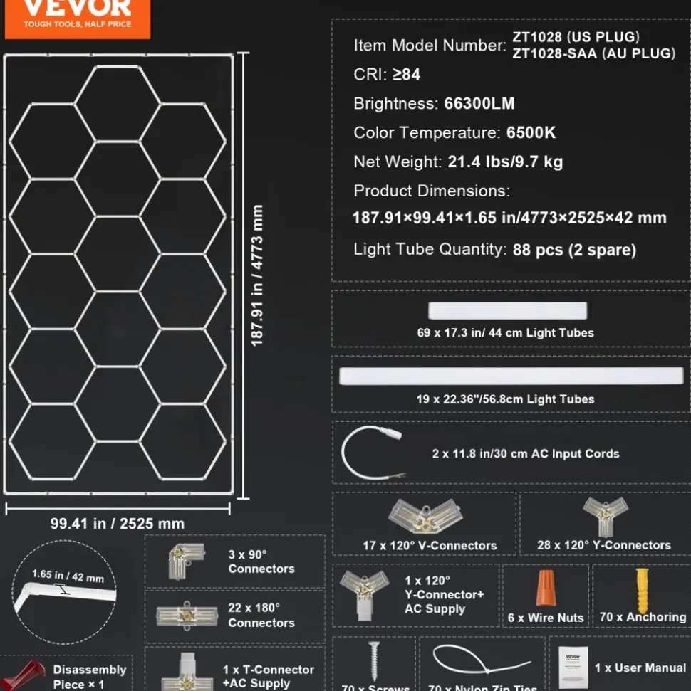 VEVOR Hexagon Garage Lights, 66300LM, 6500K 15 Grid Systems Honeycomb Hexagonal Garage LED Lights, DIY Cool White Car Detailing Garage Ceiling Lighting Bright Shop Light for Gym Basement Workshop